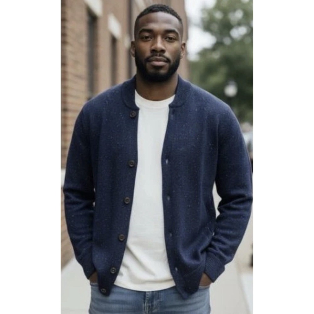 J. Crew Donegal Lambswool Blend Bomber Cardigan Sweater Jacket Navy Med Grandpa
